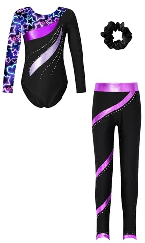 CHICTRY Kids Girls Gymnastics Leotard Ballet Dance Unitard Athletic Bodysuit with Skating Leggings Pants Hair Scrunchies Set Neon Starry 7-8 Years