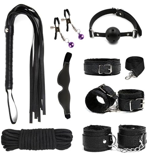 8 Piece Restraint Handcuff Set - BDSM Bondage Kit, Includes Handcuffs Collars Whip Gags Blindfolds Nipple Clamps Ropes for Adult Games, Comfortable PU Leather Plush, Lover Gifts