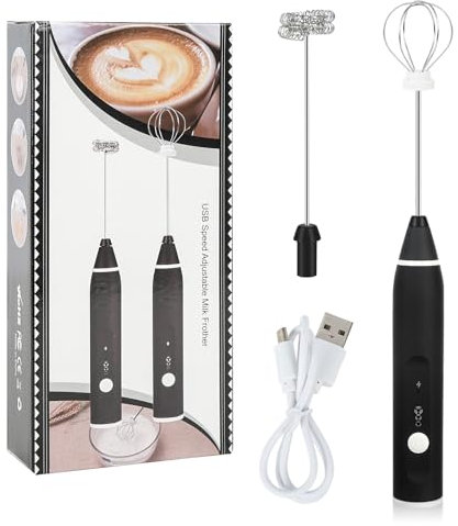 Irishom Mousseur à Lait Electrique, Mousseur à Lait en Acier Inoxydable, USB Rechargeable, avec 2 Fouets, 3 Vitesses Réglables, Fouet à Oeuf, pour Cappuccino/Latte/Chocolat/Milkshakes/Matcha, Noir