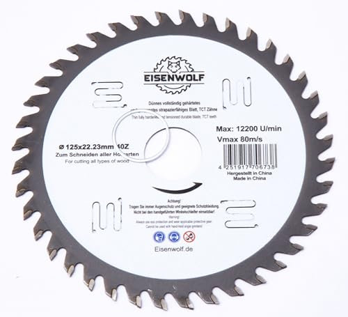 Eisenwolf Hoja de sierra circular de 125 x 22,23 mm, totalmente endurecida y tensada, duradera y resistente, para madera con 40 dientes TCT inclinados y cortes láser para reducción de ruido