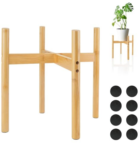 RETON 1 Stück Pflanzenständer aus Holz, Bambus Blumenständer Holz, Blumentopf Ständer mit 8 Anti Rutsch Pads für Innen Außenbereich, Garten, Hof, Zuhause, Büro (33cm)