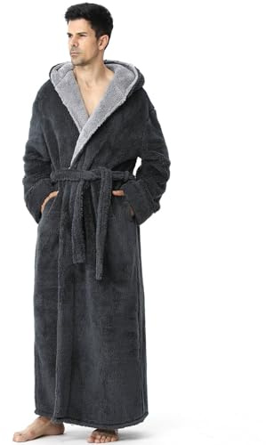 PUTUO Men's Robe Dressing Gown: Long Luxury Warm Winter Fluffy Fleece Hooded Bathrobe - Full Length Cosy Soft Thick Thermal Winter Housecoat for Christmas Gifts Gray L 1 Pack