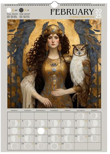 Kriegergöttin 2025 Mondphasenkalender, Frauen aus Mythos und Magie 2025 Fantasy-Kunst-Wandkalender, 2025 Neujahrs-Monatskalenderplaner, Griechische Mythologie-Göttin-Mondkalender 2025