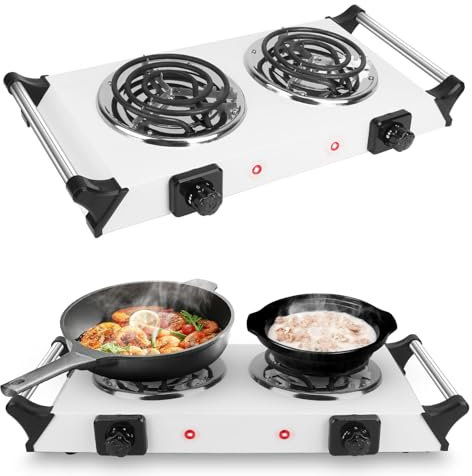 2000W Hot Plate,Portable Electric Stove Countertop Double Coil Burners W/5 Level Temperature Control & Stay Cool Handles, Easy to Clean, Lightweight Cast Iron Electric Stove for RV/Home/Camp 110V
