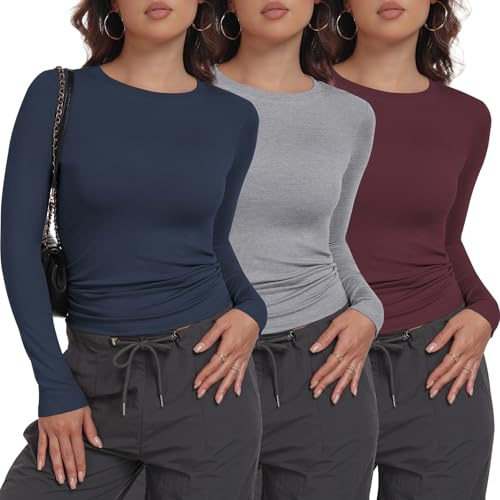 miijoory Pack de 3/5 camisetas de manga larga para mujer, cuello redondo, básico, manga larga, corte ajustado, Y2K, top informal, elástico, manga larga