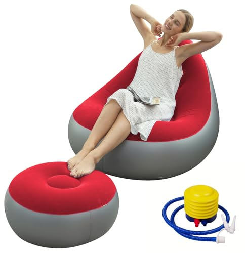 Shyllin Sofá de aire, sofá de camping con reposapiés, sofá inflable portátil, sillón hinchable, sillón de piscina, airlounge, puf al aire libre, para camping, hogar (2, rojo gris, 1 persona)