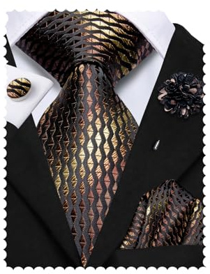 Hi-Tie Black and Brown Striped Ties Men Woven Formal Necktie Lapel Pin Pocket Square Cufflinks Sets Formal Business Wedding