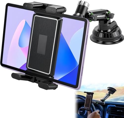 VAGCARS Supporto per tablet da auto, per cruscotto e parabrezza, universale, girevole a 360°, con ventosa forte, per tablet da 4,7 – 9,7 pollici