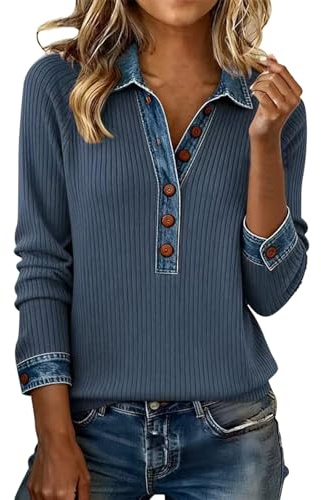 Generic - Sweat-shirt à manches longues pour femme avec col polo, haut décontracté pour le travail, col henley, blouse à col montant, blocs de couleurs, manches en denim, patchwork, avec boutons