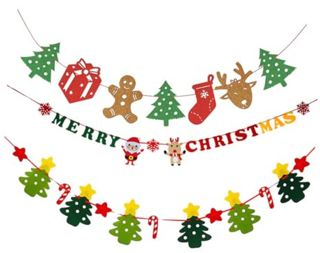 Amosfun Banderines de Fieltro Rayas de Colores para Decoración Navideña 3 Piezas por Set Pancarta Colgante para Fiestas Fondo Festivo Reutilizable para Pared Puerta y Ventana