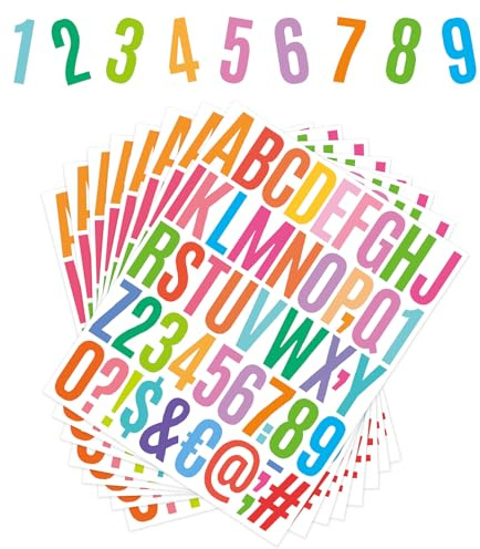 Lot de 8 feuilles/400 lettres autocollantes et chiffres multicolores - Lettres adhésives résistantes aux intempéries - Pour boîte aux lettres, panneaux, numéro d'adresse, inscription, bricolage