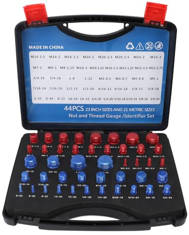 44 piezas de comprobador de roscas de tuercas y pernos, juego de calibradores de rosca en pulgadas y métricos de aluminio con indicadores rojos y azules y caja de almacenamiento pa