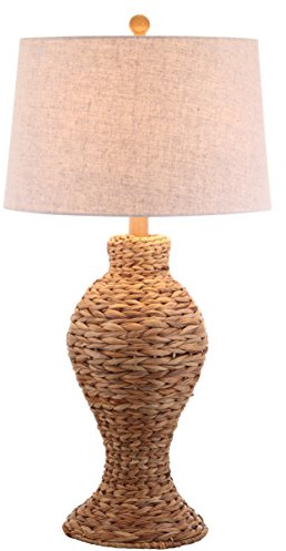 JONATHAN Y 31 Natural Woven Water Hyacinth Table Lamp for Living Room, Coastal Farmhouse Urn Bedside Lamp with Gray Linen Drum Shade, LED Bulb Included JYL1015A