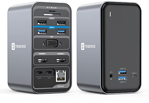 TobenONE USB C Laptop Docking Station Dual Monitor, 15-in-1 USB C Dock with Dual HDMI, 65W Power Supply, VGA, 4xUSB 3.0, 2xUSB 2.0, SD/TF, Ethernet and Audio/Mic for Lenovo, HP, Dell, Surface