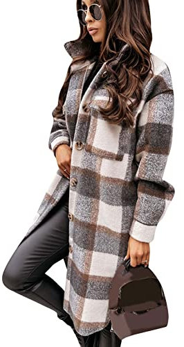 Yming Damen Kariertes Hemd Knöpfen Langarm Hemdjacke Retro Karo Jacke Boyfriend Blusen Grau XL