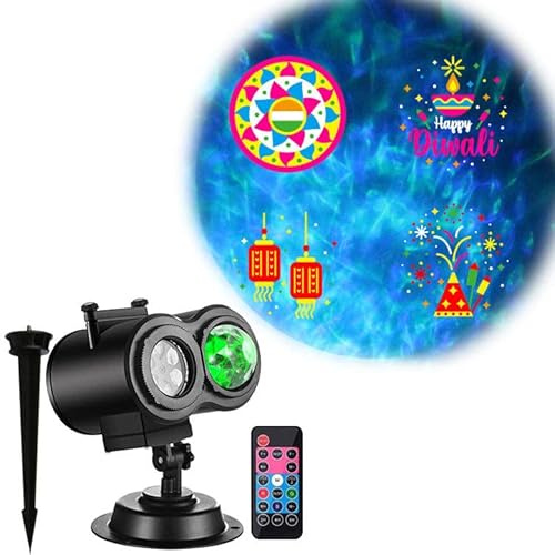 Desi Diwali Luz de proyector Diwali de Navidad (impermeable para interiores y exteriores), 16 diapositivas (4 imágenes cada una), 10 efectos de onda (RGBW), control remoto (temporizador de potencia
