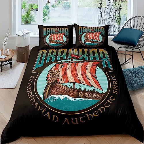 WIKINGER Bettwäsche 135x200 cm 4teilig Jungen 100% Mikrofaser Sommer Weiche Winter Warm Kinder Bettbezüge mit Reißverschluss 3D Viking Maritim Bettbezug mit 2 Kissenbezüge 80x80 cm