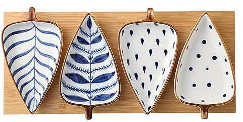 HQZT Homeware Elegant Bowl Set of 4 Japanese Plates – Ceramic Retro Hand Painted Appetizer Dips Bowls with Wooden Tray – Gift for Tapas Dishes, Sushi, Serving Platters & Parties – Leaf & Vine Design