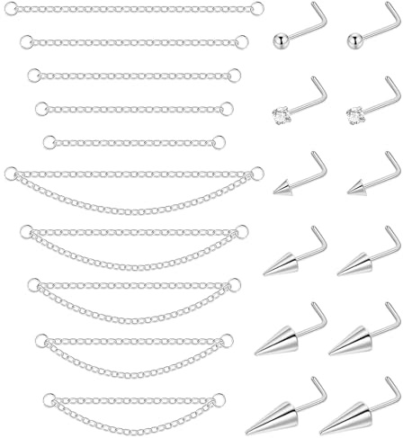 LOREMOW 22Pcs 20G Surgical Steel Nose Ring Chain Nose Ring Stud for Women Men Double Nose Chain Piercing Across Nose Spike Ball CZ Nose Studs Nostril Piercing Jewelry L Silver