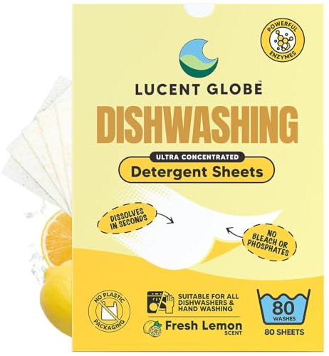Lucent Globe Dishwasher Dishwashing Detergent Sheets, 80 Washes, Dishwashing Tablets Alternative. Plant-Based, Eco-Friendly, Fully Biodegradable, Lemon Scent & Plastic Free Packaging