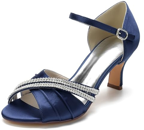 Hanfike Sandalias de fiesta para mujer con diamantes de imitación de tacón bajo para boda, zapatos de noche JY107, azul marino, 41 EU