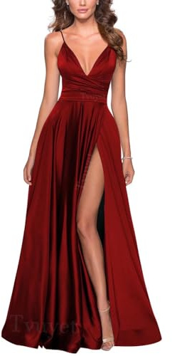 Tvuyet Front Ruched Evening Dresses for Women Long with Slit Satin V-Neck Sexy Prom Dress for Women Ball Gown Burgundy 12