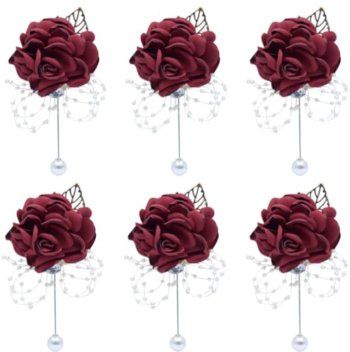 Snadulor 6PCS Boutonniere for Men Wedding,Groom and Best Man Boutonniere for Wedding Party Formal Dinner,Wine Red