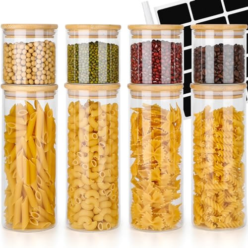Avmvnvc Vorratsgläser mit Deckel - 8er Set Vorratsdosen mit Deckel - Vorratsglas mit Holzdeckel - Vorratsdosen Glas mit Deckel für Pasta, Müsli, Tee, Bohnen Aufbewahrung (1000ml×4 + 400ml×4)