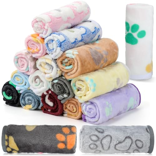 Chumia 18 Pcs Fleece Pet Blanket Soft Warm Sleep Mat Fluffy Cute Puppy Supplies Paw Bone Star Elephant Dot Heart Print Design Bed Blankets for Dog Cat Kitten Animals(23 x 16 Inch,Cute)