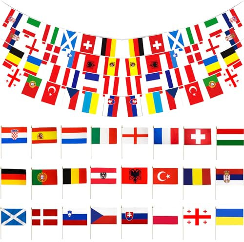 DKDDSSS 26 Stück Fussball UCL 2024 Deko Fahnenkette, Wimpelkette UCL 2024, Flaggen UCL 2024, Fahnen Wimpelkette für Euro Fußball 2024, 24 Länderflaggen, für Haus Garten Bar Party Deko