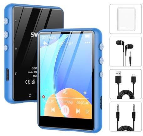SWOFY Reproductor MP3 Bluetooth 5.3, 64GB Reproductor de Musica Portatil, 2,4 Pantalla Táctil, MP3 Player HiFi con Altavoz Integrado, Radio FM, Grabación, E-Book, Soporte Expandible hasta 128G (Azul)