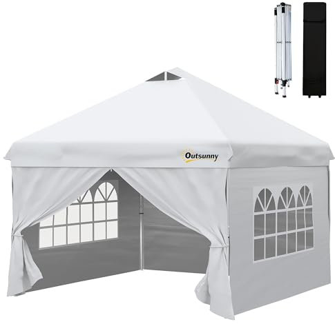 Outsunny Pop-up paviljong Barnum trädgårdstält justerbar höjd med fönster, bärväska med hjul och 4 avtagbara sidoväggar, 3 x 3 m - vit