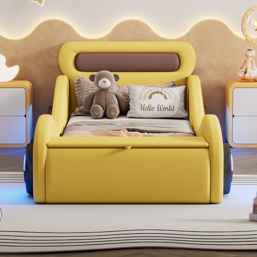 Letto Imbottito a Forma di Auto 90 x 200 cm per Bambini e Ragazzi Con Ruote Luminose e Spazio di Archiviazione, PU, Senza Materasso, Giallo