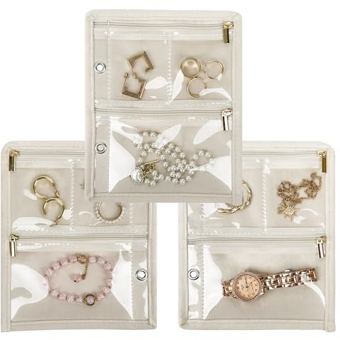 LingLingo Travel Jewelry Organizer Case, Jewelry Bags Jewelry Storage Book Binder with Clear Zipper Velvet Pouch for Traveling,Earrings, Rings, Necklace, Bracelet (Inner Pages,Beige,3 PCS)