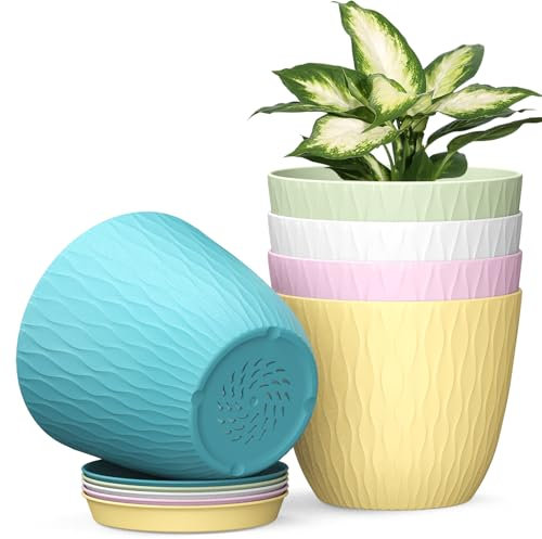 Plastic Plant Pots Indoor, 5 Pack 15cm Stripe Grooves Flower Pots with Drainage Holes and Tray, Modern Decorative Planter Pot for All House Plants（Multicolor）