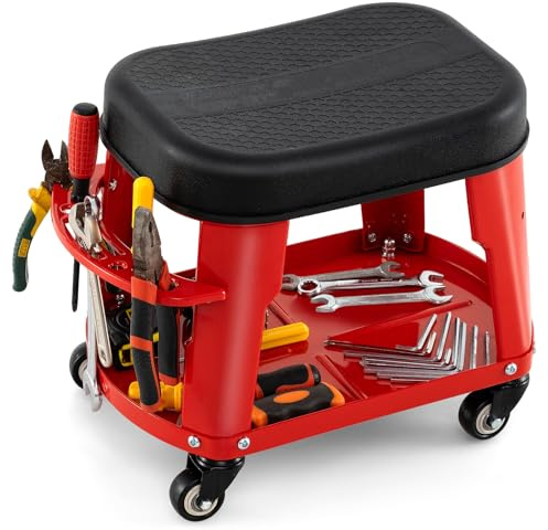 TANGZON Rolling Mechanic Stool, 360°Swivel Roller Creeper Seat with Equipment Tray & Tool Holder, 136KG Heavy Duty Padded Garage Workshop Stool For Garage Repair Shop (Red)