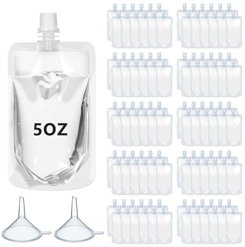 Seeloowy 100 Pcs Plastic Pouches Bulk Clear Juice Bags Squeeze Pouches Plastic Leak Proof Bags with Funnel for Party Favors (5 oz)