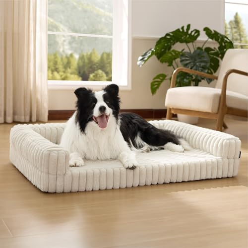 Bedsure Orthopedic Dog Beds Large - 89x64x18cm Memory Foam Dog Sofa | Waterproof Egg-Crate Foam Pet Couch Sofa with Sides, Washable Removable Corduroy Cover and Non-Slip Bottom, cream