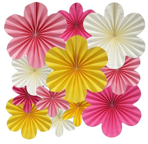 BestoFun 12 PCS Paper Flowers Fans Pink and Yellow Party Decorations Paper Flowers Decorations for Wall Girl Groovy Birthday Baby Shower Wedding Bachelorette Room Hanging Décor