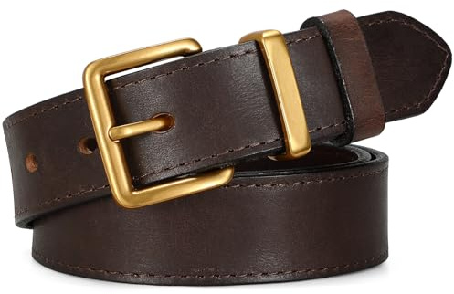 SUOSDEY Genuine Leather Belts for Women Men Handmade Vintage Black Brown Women Belt for Jeans, Dresses with Gold and Silver Buckle 1.2 Width