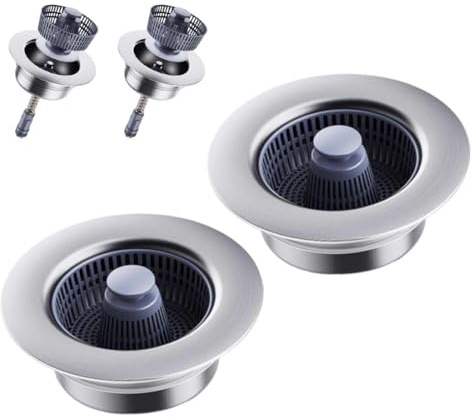 2 Pezzi Tappo lavandino cucina e filtro lavandino combinato, in acciaio inox 3 in 1, tappo di scarico pop-up con colino, filtro per lavello