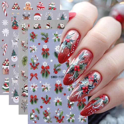 Celblisora 4 autocollants pour ongles de Noël, autocollants artistiques, branche de houx en relief 3D, autocollants pour ongles, autocollants auto-adhésifs avec motifs de bonhomme en pain d'épices