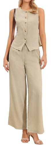 Allegra K Conjuntos de Dos Piezas para Mujer Chaleco de Lino Conjuntos Casuales Elegantes Pantalones de Pierna Ancha Trajes Caqui XS