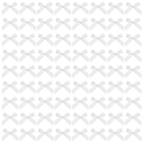 Bremorou Lot de 200 mini nœuds décoratifs en ruban de satin blanc autocollant pour emballage cadeau, Saint-Valentin, mariage, Noël