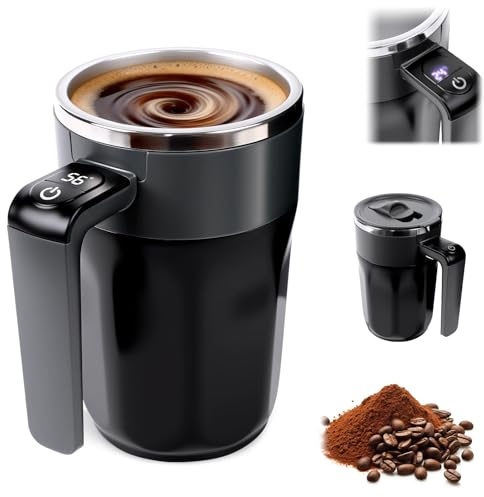 Automatic Stirring Coffee Cup with Temperature Display, Rechargeable Coffee Mug, Self-Stirring Mug with Lid, Smart Mixing Cup for Coffee, Milk and Other Beverages (Black)