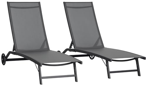 Outsunny Set di 2 Lettini Prendisole da Giardino con Ruote e Schienale Regolabile su 5 Livelli, Sdraio da Giardino in Alluminio e Texteline, per Spiaggia, Piscina, 66x165x102cm, Grigio Scuro
