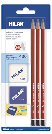 Milan BYM10016 - Blíster con 3 lápices grafito, sacapuntas y goma de borrar