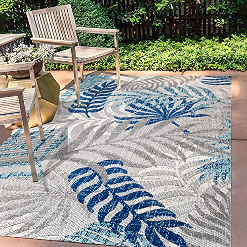 JONATHAN Y AMC100A-8 TROPICI Foglie di palma foglie interni tappeti per esterni, costieri, contemporanea, camera da letto, cucina, cortile, patio, non spargimento, grigio/blu, 240 cm X 300 cm