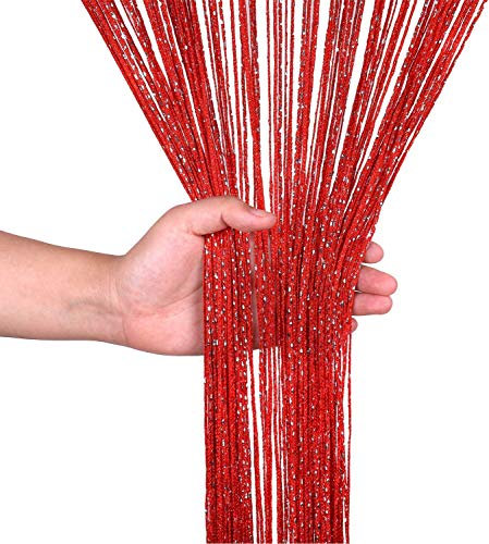 WedDecor Red String Curtains Glitter Fringe Panel Fly Screen Room Divider Tassel Curtain for Doors, Doorway, Windows, Home Décor, Event Decoration, (90cm x 200cm)