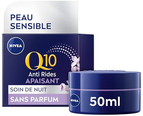 NIVEA Q10 Sensitive Soin de Nuit (1 x 50 ml), crème anti rides enrichie en Q10 pur et extrait de réglisse, crème anti-âge booster de collagène, soin visage apaisant pour peaux sensibles